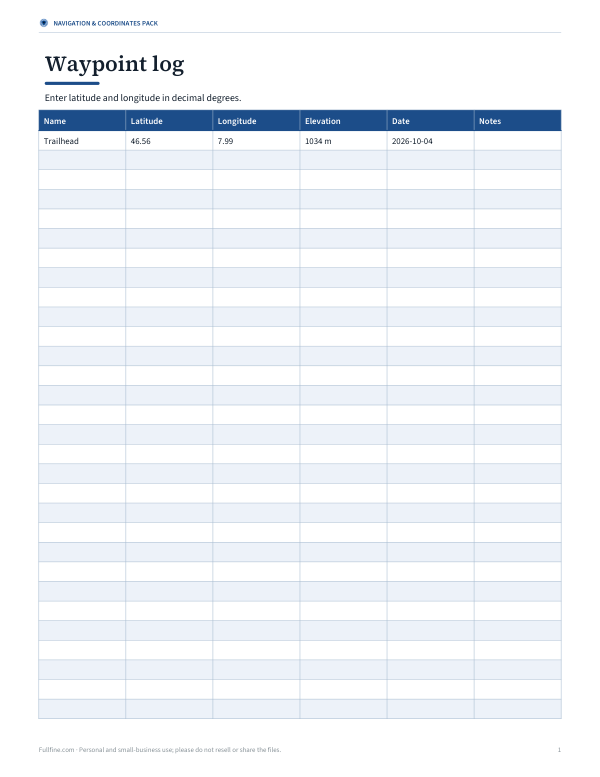 Preview of Printable Waypoint Log Sheet